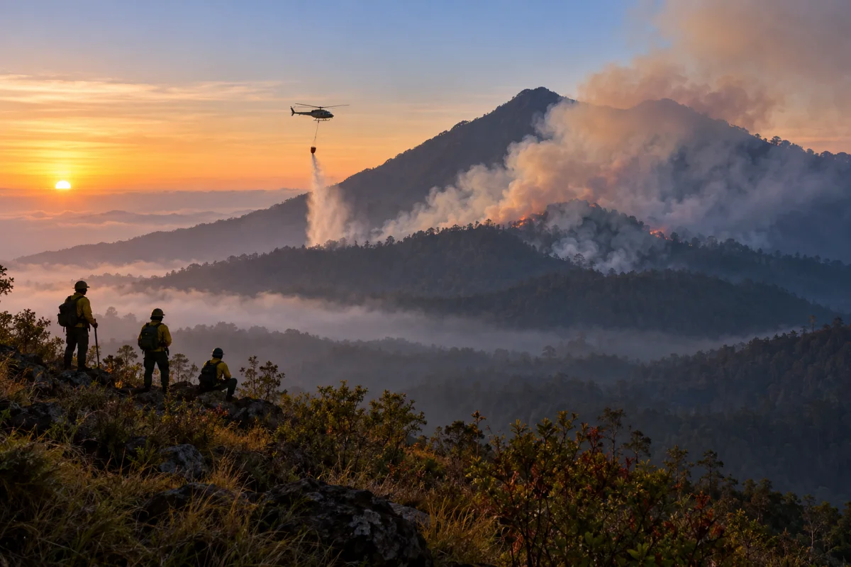 Ilustrasi pemadaman karhutla di kawasan pegunungan; bukan dokumentasi langsung Gunung Lawu.
