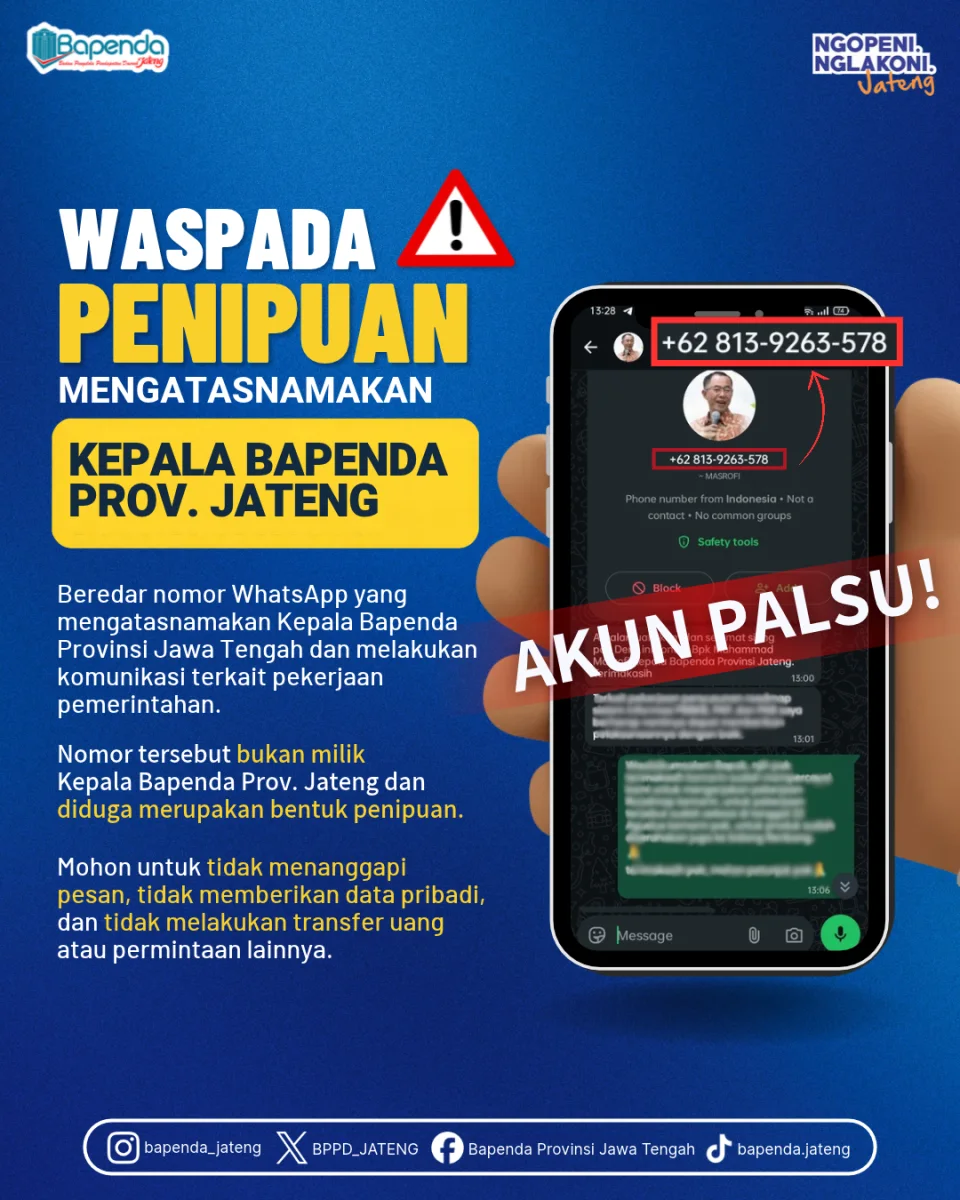Nomor Palsu Catut Kepala Bapenda, Pemprov Jateng Ingatkan Modus Penipuan Mengatasnamakan Pejabat